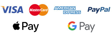 We accept payments via Visa, MasterCard, American Express, Apple Pay, Android Pay, G Pay and PayPal