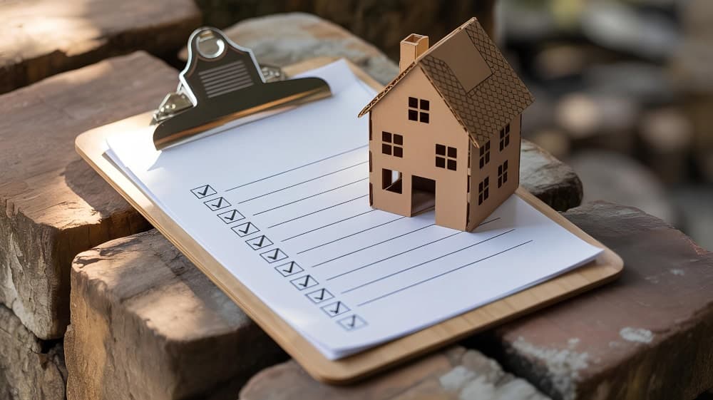 A miniature cardboard house sat on top of a clipboard with the ultimate housemoving checklist UK printed and attached.
