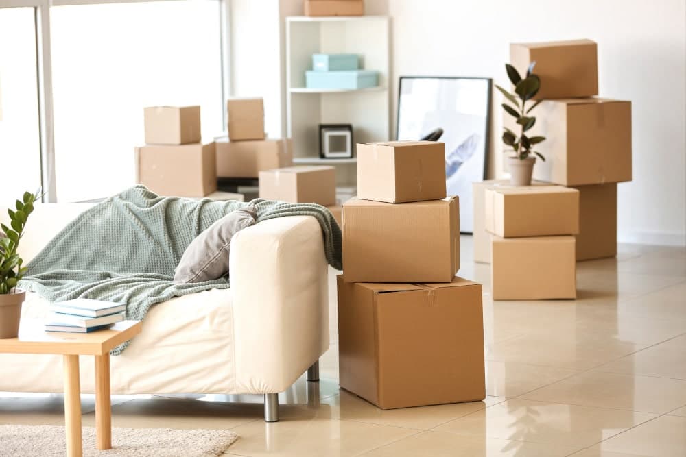 A room with a sofa and packed cardboard boxes ready to move