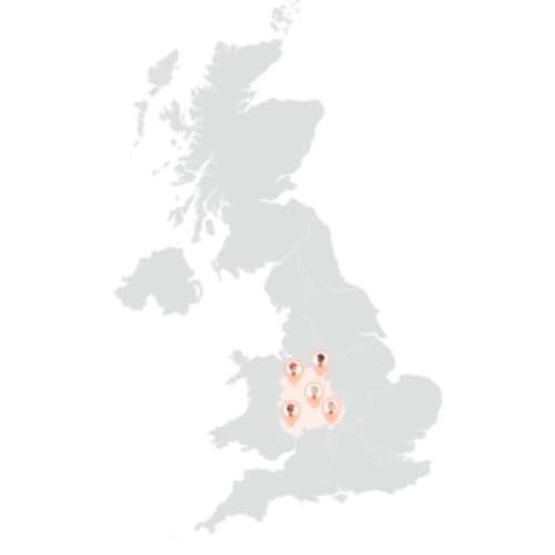 UK map highlighting arteas of Birmingham and the West Midlands with man and van services